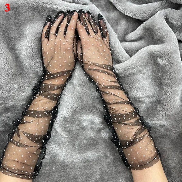 Autumn Summer Women Short Tulle Gloves White Black Dot Weeding Gloves Stretchy Lace Spots Full Finger Mittens Mesh Lace Gloves