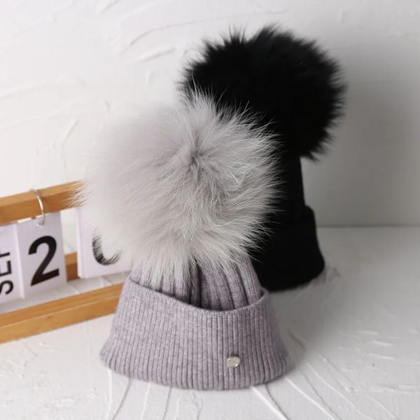 Natural fox Pom Pom Beanies Winter Hat Children Women mink Fur Pompoms Kids Girls Knitted Hat Fashion Ear Protection Wool Hat