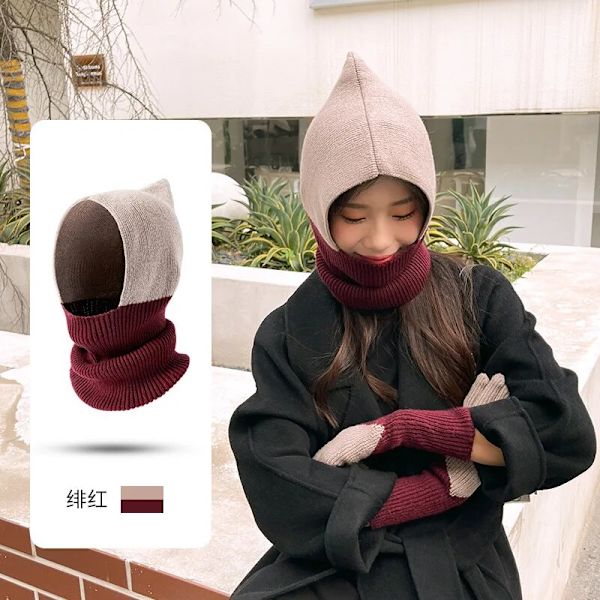 Vinter Dam Stickad bomullsmössa Scarf Färgmatchning Tvåfärgad Balaclava Utomhus Varm Duk Vanda Krage Skullies Beanies Röd röd