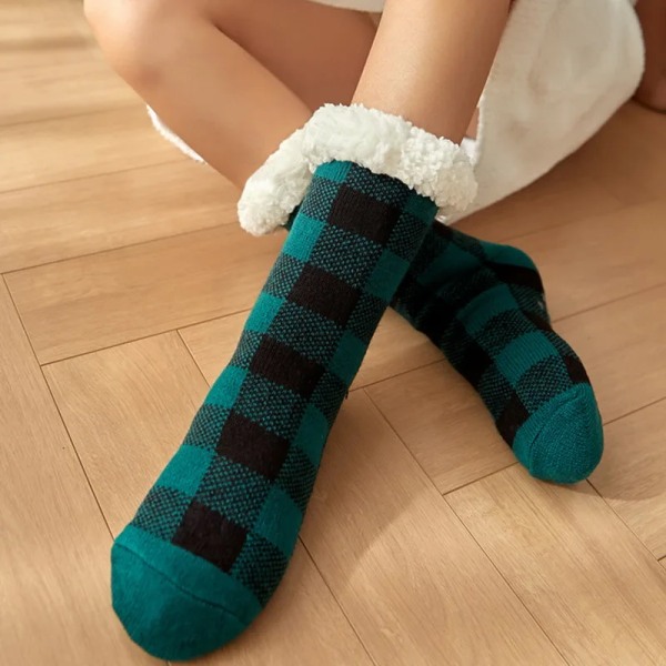 1 Pair Anti-skid Middle Tube Floor Socks Fleece Lined Plaid Print Women Warm Fluffy Socks Clothes Accessories