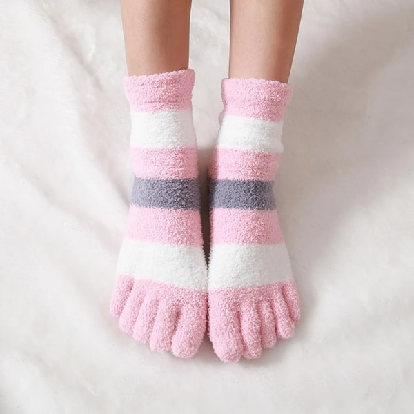 Women's Thick Five Finger Socks Winter Warm Coral Fleece Fluffy Toe Socks Striped Soft Cozy Hosiery Girls Female Floor Slippers