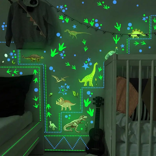 Green Light Luminous Dinosaur Wall Stickers Home Bedroom Kids Room Decoration Animal Fluorescent Decals Glow In The Dark Sticker