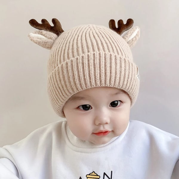 Autumn Winter Knitted Baby Beanie Cute Deer Ear Thick Warm Hat Solid Color Baby Girl Boy Ear Protection Cap Christmas Gift