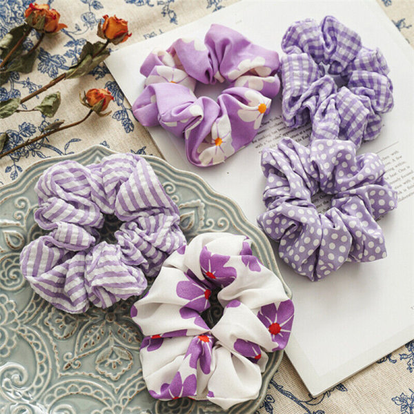 5PCS Big Flower Dots Print Purple Series Scrunchie Elastic Hair Rubber Bands