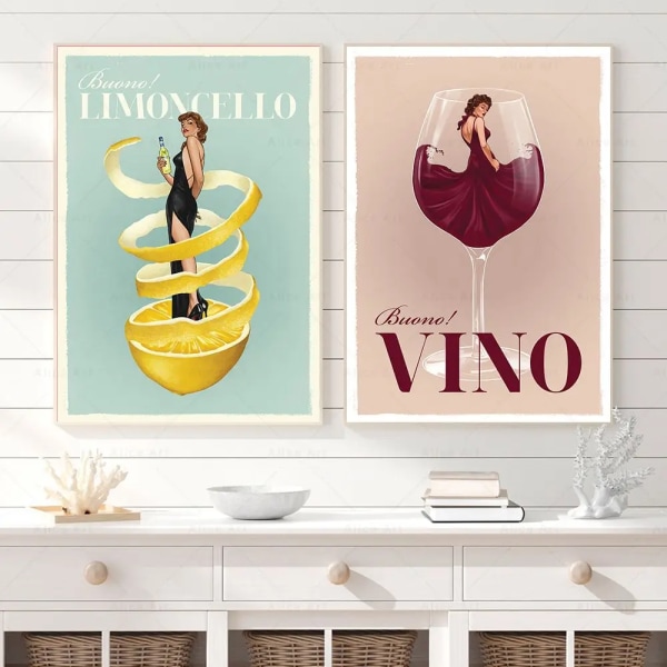 Funny Italian Food and Drink Vintage Poster Print Limoncello Spaghetti Vino Canvas Painting Wall Pictures Kitchen Room Bar Decor