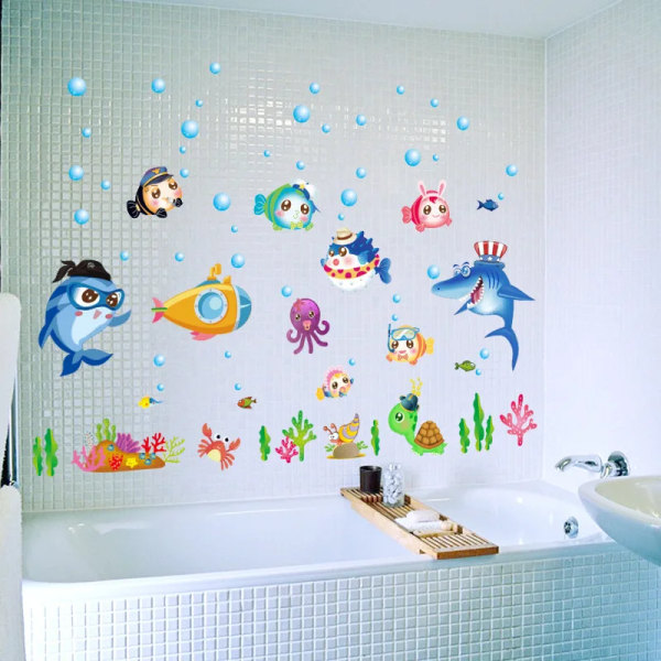blue Sea Fish Bubble Wall Sticker Cartoon For Kids Rooms Bathroom Home Decoration murals