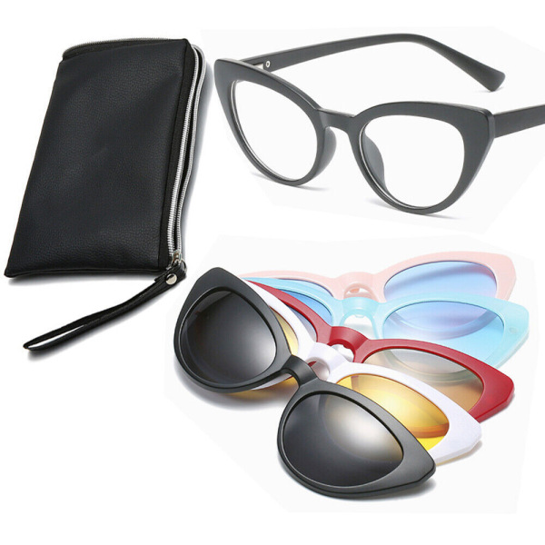 Cat Eye Eyeglass Frame + 5Pcs Sunglasses Magnetic Clip-on Lenses UV Sunglasses U