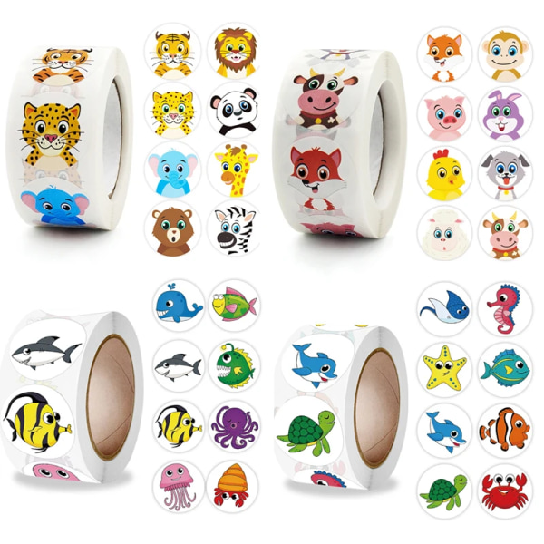500/1000pcs Reward Stickers Children Kids Cartoon Zoo Farm Ocean Animals Learnging Euducation Scrapbook Sticker Roll Labels Gift