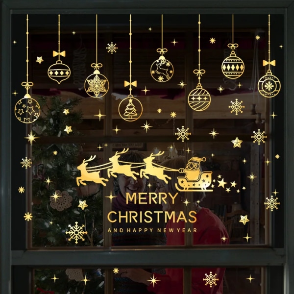 2024 Merry Christmas Decoration Sticker for Window Gold Ball Snowflake Wall Sticker Xmas Decoration Decals Festival Party Supply