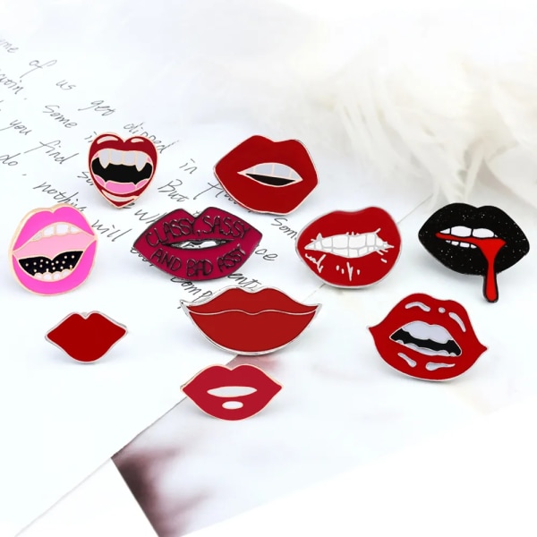 Women Sexy Red Lips Enamel Pin Personality Vampire Fangs Lip Brooch Black Shiny Mouths Biting Tongue out Red Blood Badge Jewelry