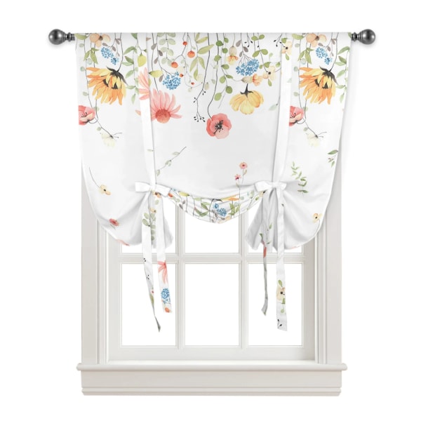 Spring Watercolor Flower Leaves Window Curtain for Living Room Bedroom Balcony Cafe Kitchen Tie-up Roman Curtain