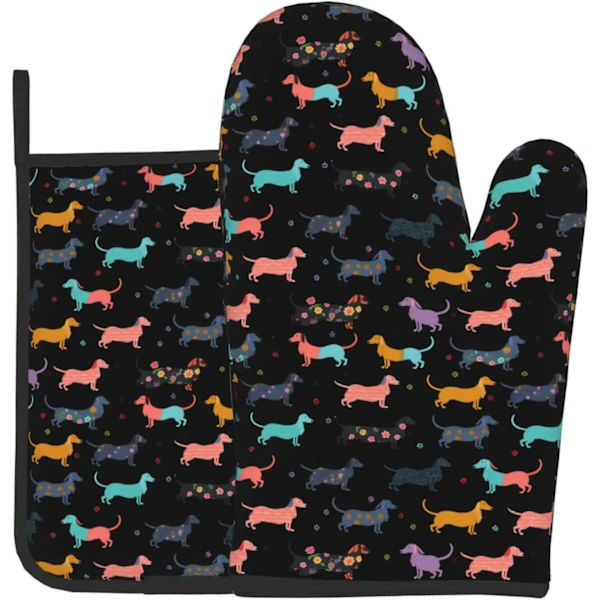 Oven Mitt and Pot Holders 2 Pieces Set Dachshund Dog with Bones Cotton Lining Non-Slip BBQ Gloves for Kitchens Cooking Baking