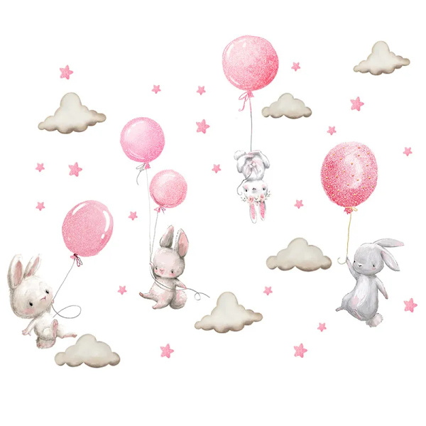 Watercolor Pink Balloon Bunny Cloud Wall Stickers for Kids Room Baby Nursery Room Decoration Wall Decals Boy and Girls Gifts PVC