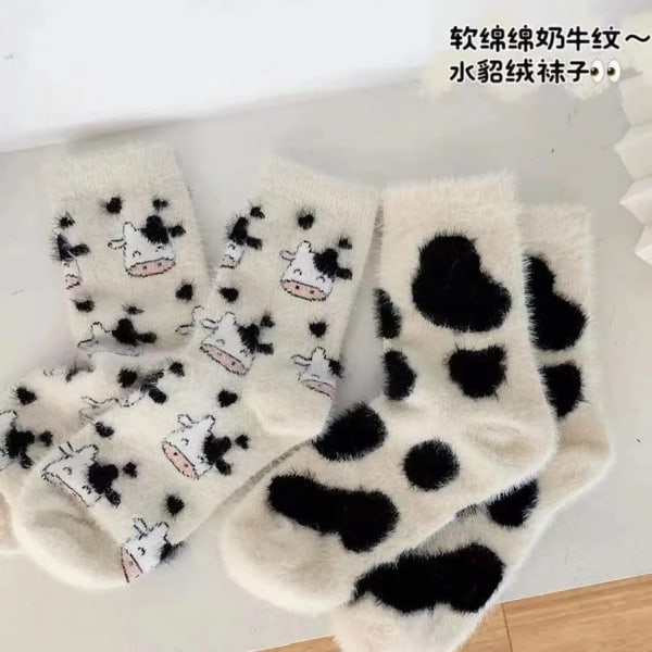 Women Autumn and Winter Plush Socks Thicken Warm Cute Cows Spotted Socks Floor Home Middle Tube Sleeping Harajuku Kawai Sox