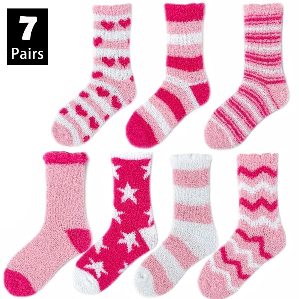 7 Pairs Women Sleep Socks Winter Warm Plus Size Coral Fleece Soft Medium Tube Floor Socks Pink Thick Internet Famous