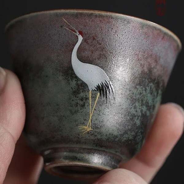 Handmade Crane Tea Cup Stoneware Kiln Roasted Vintage Tea Cup Ceramics Pottery Master Crafted Teaware Kitchen Dining Bar Home