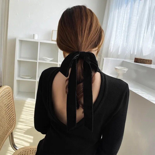 Fashion Vintage Black Velvet Bow Hair Ribbon Scrunchie for Women Girls Long Elas