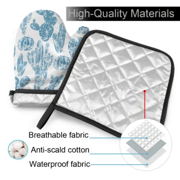 Blue Cactus Oven Mitt and Pot holder Set Heat Resistant Non Slip Kitchen Gloves with Inner Cotton Layer for Cooking BBQ Baking