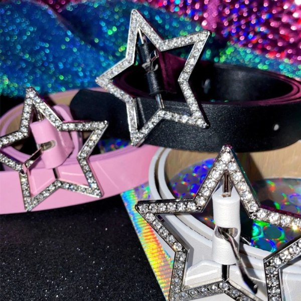 Y2k Star Rhinestone Pink Belt for Women Metal Pin Buckle Waist Strap Girls Decorated With Dress Jeans Waistband