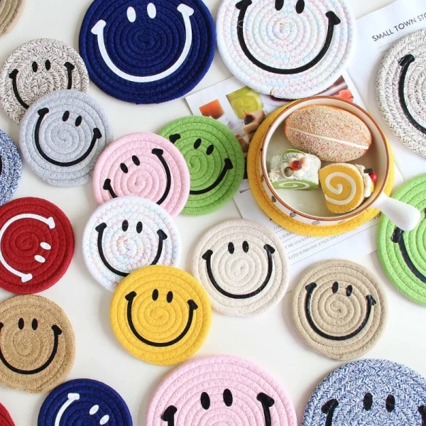 Simple Cotton Happy Face Rattan Coaster Heat Insulation Mat Straw Woven Hand-woven Mat Nordic INS Placemat