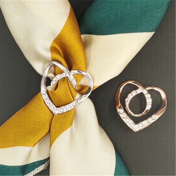 Heart Scarf Brooches Crystal Silk Scarf Buckle Brooch Women Shawl Ring Clip Scarves Fastener Hem Knotted Button Accessories