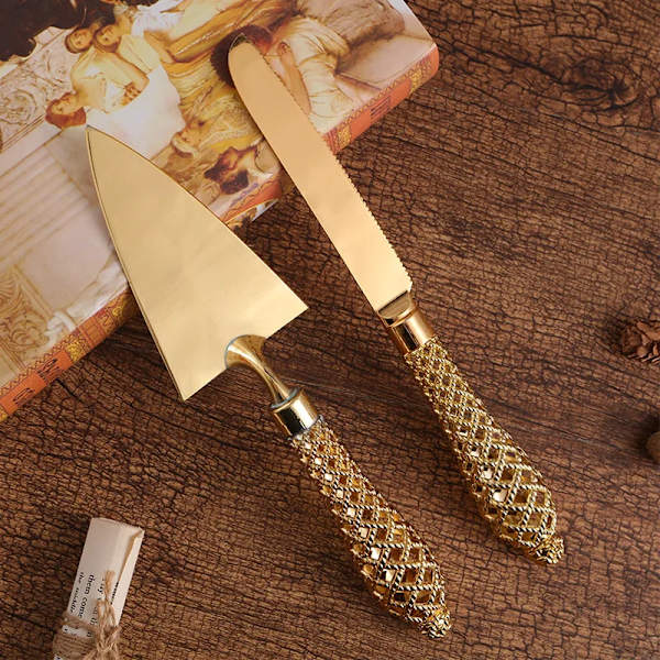 Western baking tool hollow handle triangular pizza shovel cake dessert cutter two-piece set gold cutlery
