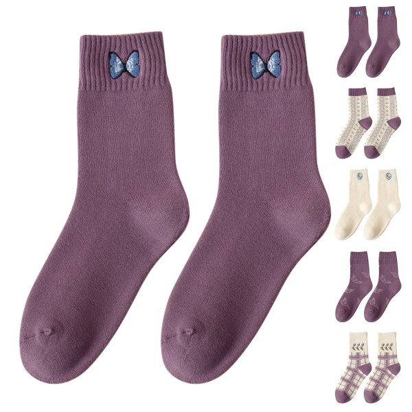 5pairs  Purple Thick Socks Women Middle Tube Socks Autumn And Winter Stocking Wig Cap