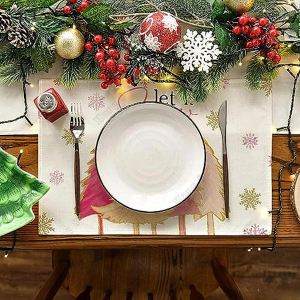 Pink Christmas Tree Let It Snow Snowflake Winter Placemats Set of 4 12x18 Inch Table Mats for Party Kitchen Dining Decoration