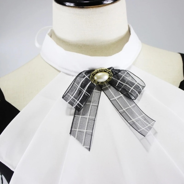 F42F Elizabethan Fake Collar Costume Colonial Jabot Layered Ruffled Detachable Necktie with Checked Bow for Women