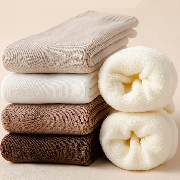 5 Pairs Thick Thermal Winter Socks Women Cute Warm Mixed Color Mid Tube Socks Women's Socks Fleece Lining Mid Calf Sock Fuzzy