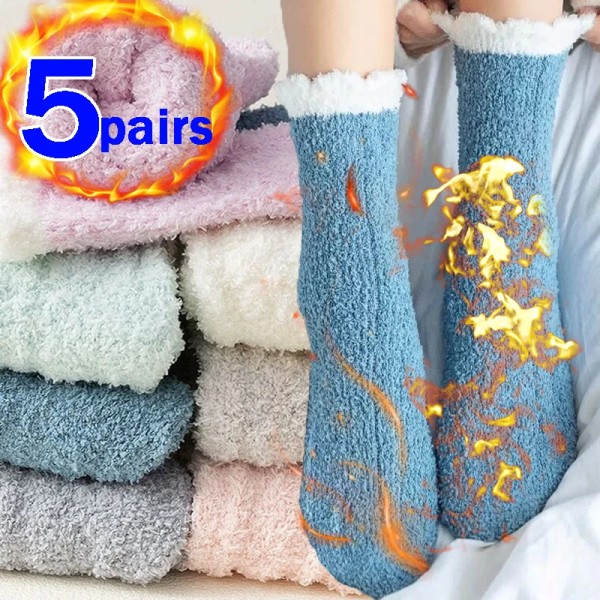 5pairs Winter Warm Velvet Socks Women Coral Fleece Thick Plus Stocking Girls Fluffy Floor Sleeping Middle Tube Sock Hosiery