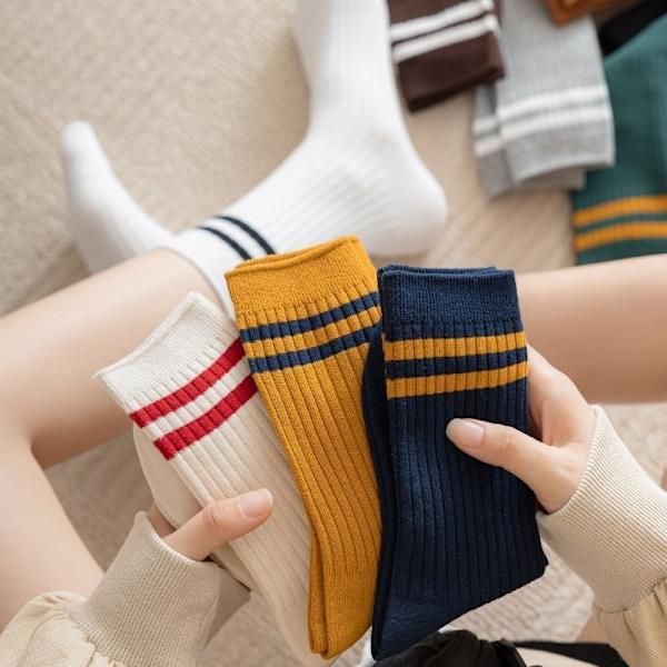 5 Pairs Cotton Vertical Striped Medium Tube Socks Thick Solid Color Socks