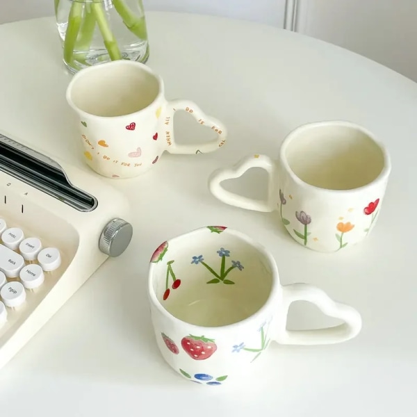 Cute Heart Ceramic Coffee Mugs Korean Style Ins Hand Painted Floral Hand Pinched Irregular Tea Milk Cup Breakfast Oatmeal Mug