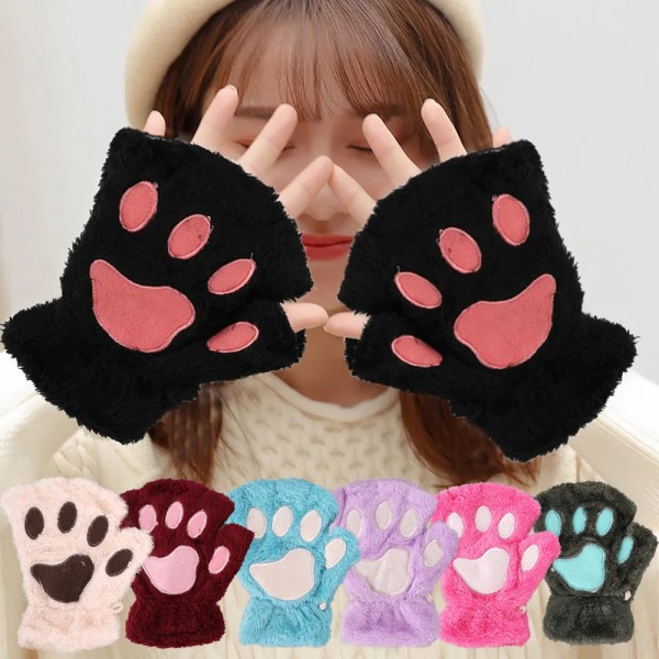 Bear Cat Claw Paw Fingerless Gloves Soft Plush Winter Gloves Fluffy Cosplay Party Accessories Girls Cute Mittens Christmas Gifts