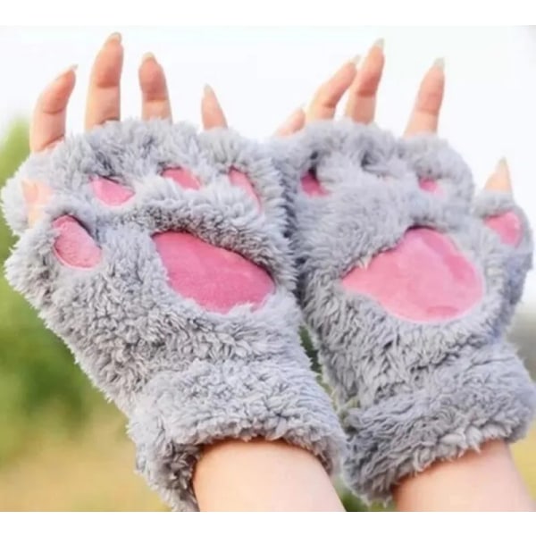 New Women Cute Cat Claw Paw Plush Mittens Warm Soft Plush Short Fingerless Fluffy Bear Cat Gloves Costume Half Finger Party Gift