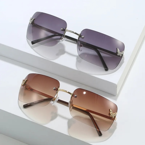 Rectangle Pink Mirror Y2k Sunglasses Women Rimless Sunglasses Butterfly Diamond Decor Square Sun Glasse UV400 Eyewear