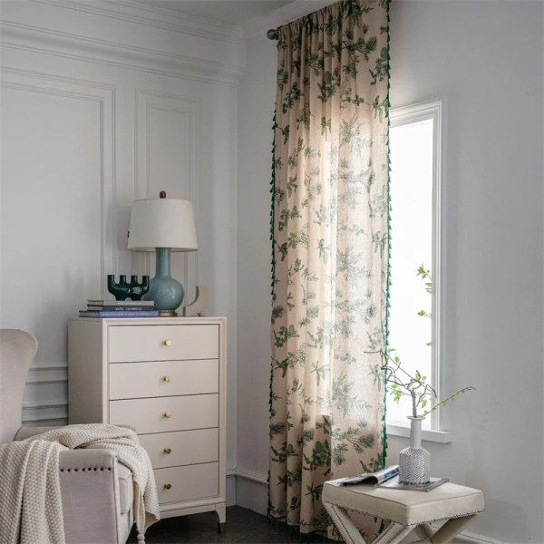 Leaves Print Finished Kitchen Curtain with Tassels Translucent Cotton Linen Room Window Curtain            ԧ   ڧߧߧ   cortina cocina
