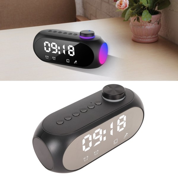 (Black) Wireless Speaker Strong Bass Mirror Alarm Clock Multifunction