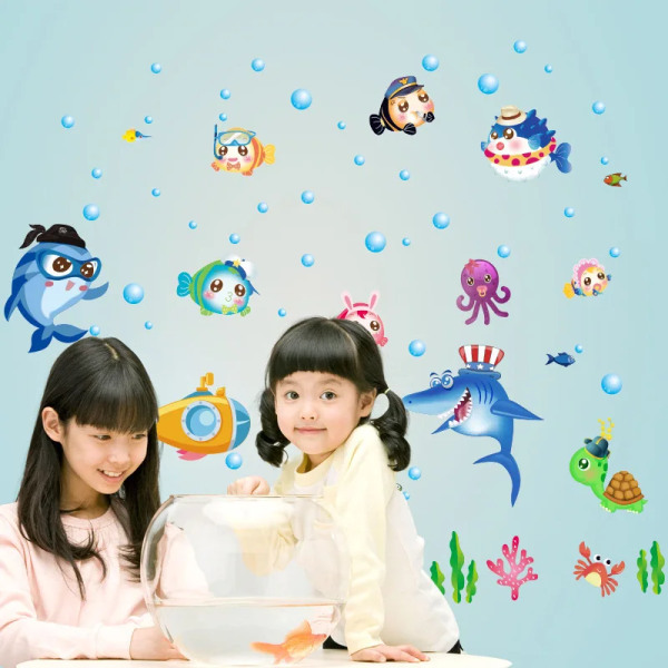 blue Sea Fish Bubble Wall Sticker Cartoon For Kids Rooms Bathroom Home Decoration murals