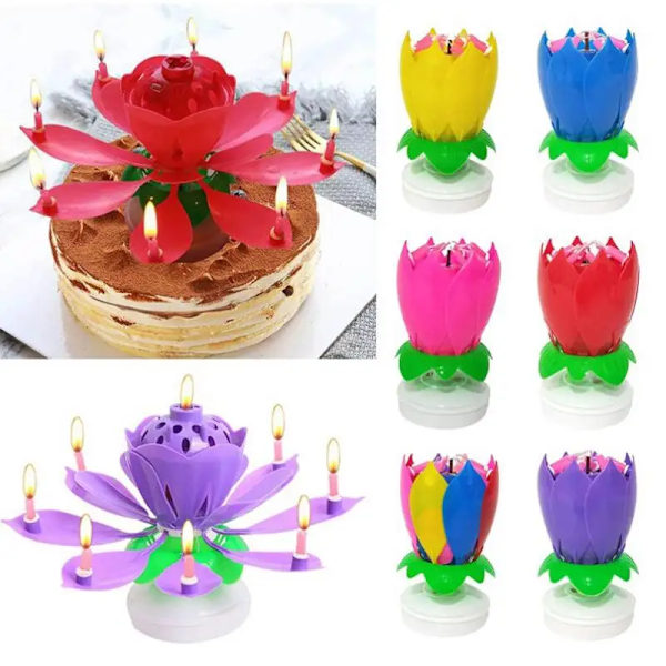 Lotus Candle Solid Paraffin Colorful Flower Shape Flat Bottom Rotating Electronic Candle Birthday Cake Music Candles Party