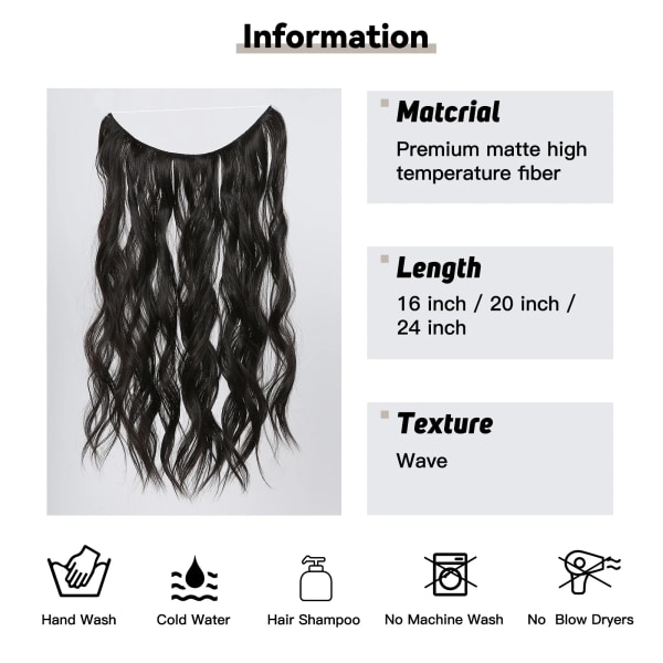 2pcs 20inch Black Synthetic Hair Extensions Long Wavy No Clip Invisible Wire Hairpieces for Women Secret Fish Line Hairpiece Daily Use