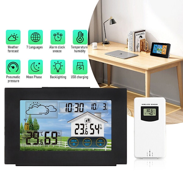 Wireless Weather Station Digital LCD Clock Calendar Thermometer Indoor & Outdoor