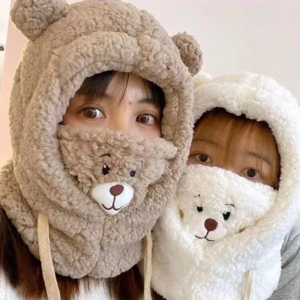 Winter Cartoon Hat With Mask Bear Lamb Beanie Hats Warm Thickened Ear Protection Skullies Beanies for Women Girl Kawaii