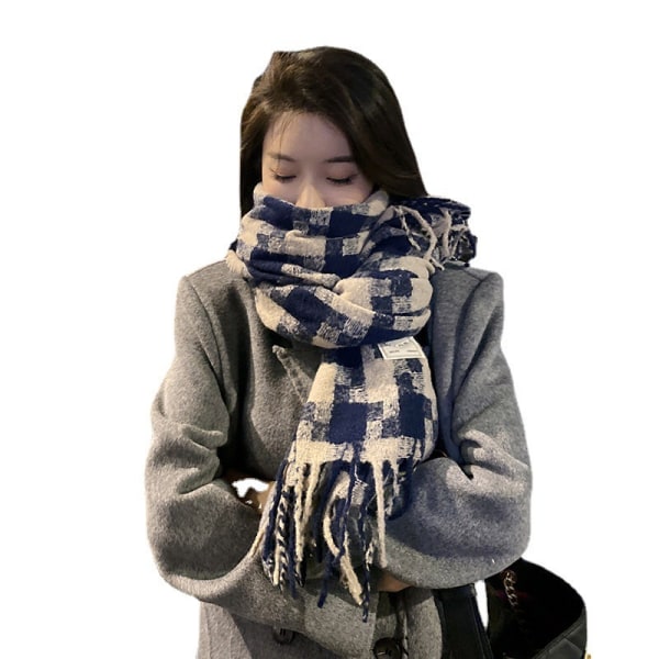 2023 Vinter Cashmere Tjock Rutad Scarf Kvinnor Män Lyx Lång Mjuk Varm Hals Tjock Ensfärgad Sjalar Presenter Höst Utomhus blå