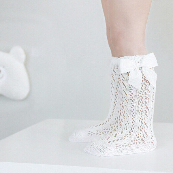 2 Pairs Hollow Bow Girls Solid Color Cute Frilly Mesh Sock Breathable Stocking