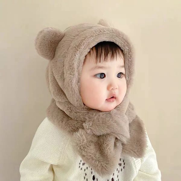 Söt Björn Vinter Plysch Barn Halsduk Mössa Baby Öronskydd Keps Barn Pojkar Flickor Utomhusskida Vindtät Beanies Neck Snood 3M-3Y