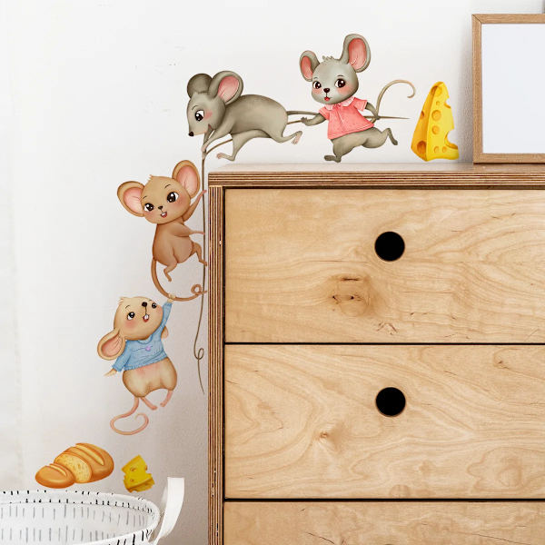 Little Mouse Moving Food Sticker Kitchen Kids Room TV Background Wall Decor Cartoon Mice Cooperate To Move Food Wall Stickers