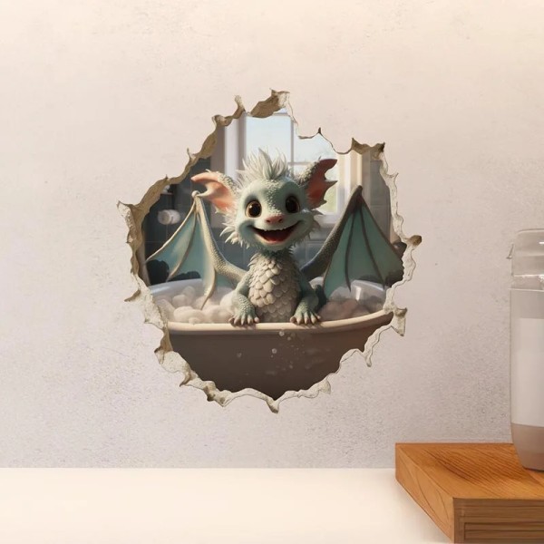M454 Dragon Parent and Child Reading in Wall Hole Decal - Mouse Hole 3D Wall Sticker