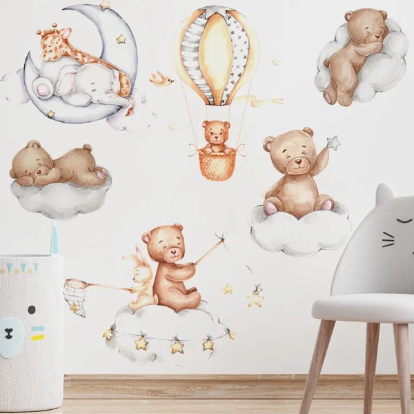 Cartoon Teddy Bear Balloon Wall Stickers for Kids Room Baby Room Decoration Moon and Stars Wall Decals Room Interior