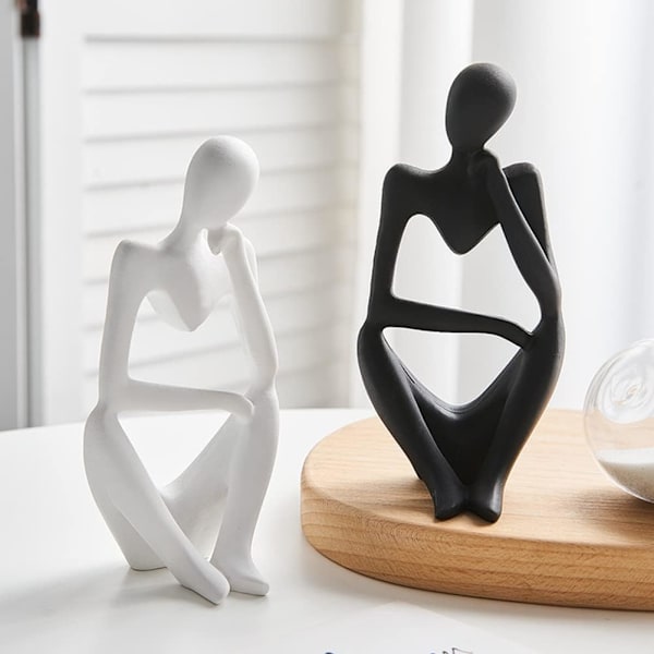 Wood The Resin Thinker Statue Modern Abstract Figure Hand Carved Craft Art for Home Office Bookshelf Desktop Crafts Gifts. (White right)